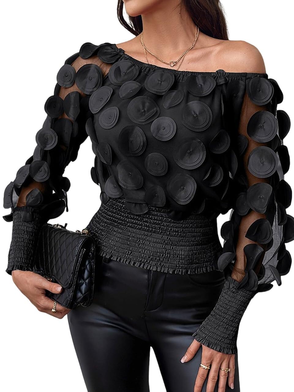 UOOZEE Women's Long Sleeve Mesh Top Off Shoulder Sheer Blouse See Through Tops