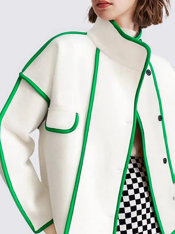 UOOZEE Women's Long Sleeve Stand Collar Jackets Casual Loose Fit Outerwear Coat Winter Fall Warm Blazers with Green Trim - Image 3