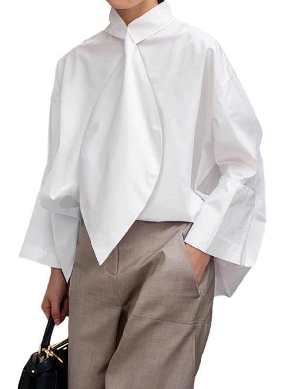 UOOZEE Women's Long Sleeve Tie Neck Button Down Shirts Cotton Dressy Elegant Office Work Blouse Tops