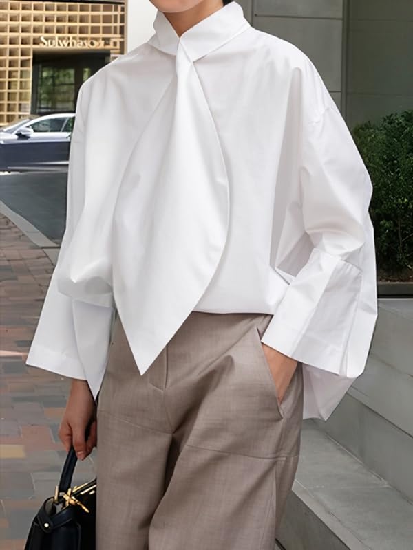 UOOZEE Women's Long Sleeve Tie Neck Button Down Shirts Cotton Dressy Elegant Office Work Blouse Tops - Image 2
