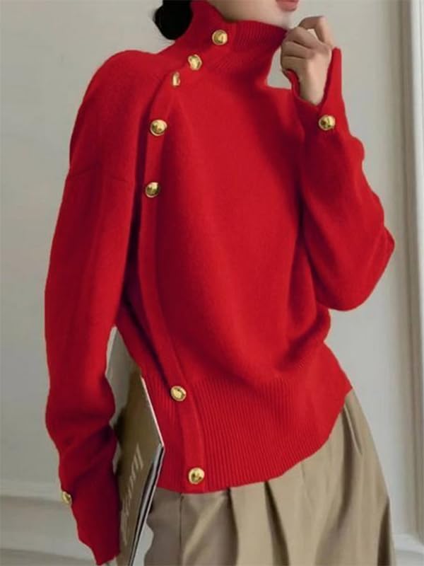 UOOZEE Women's Long Sleeve Turtleneck Sweater with Gold Buttons Loose Fit Knitted Pullover Christmas Holiday Casual Jumpers - Image 2