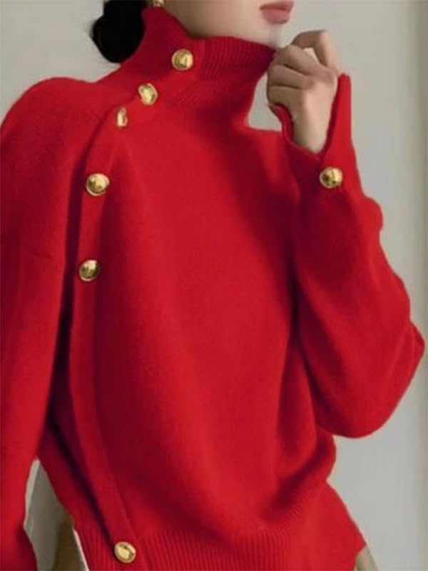 UOOZEE Women's Long Sleeve Turtleneck Sweater with Gold Buttons Loose Fit Knitted Pullover Christmas Holiday Casual Jumpers - Image 3