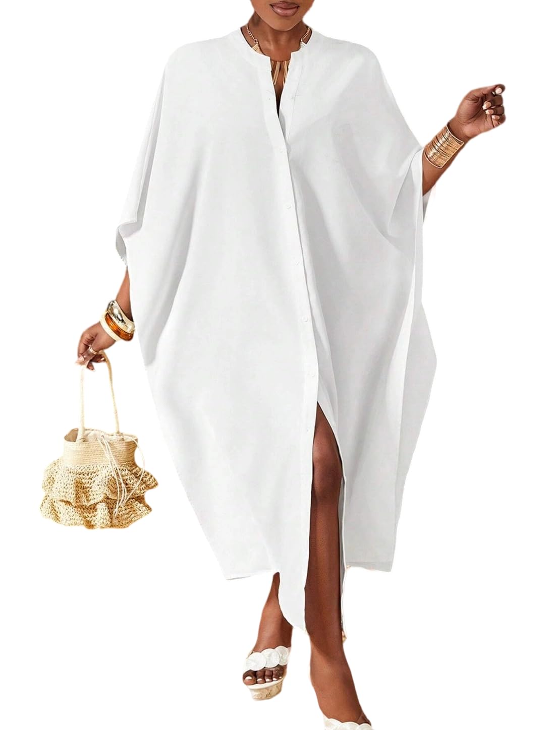UOOZEE Women's Loose Fit Batwing Sleeve Maxi Dress Button Down Flowy Summer Beach Cover Up Vacation Resort Sundress