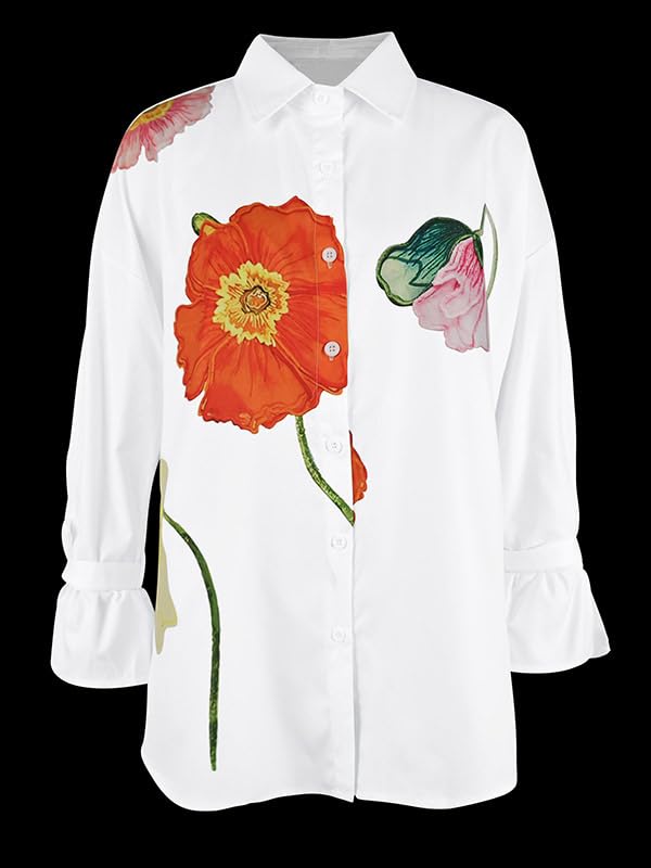 UOOZEE Women's Loose Fit Button Down Shirts Floral Long Tied Sleeve V Neck Dressy Casual High Low Blouses - Image 3