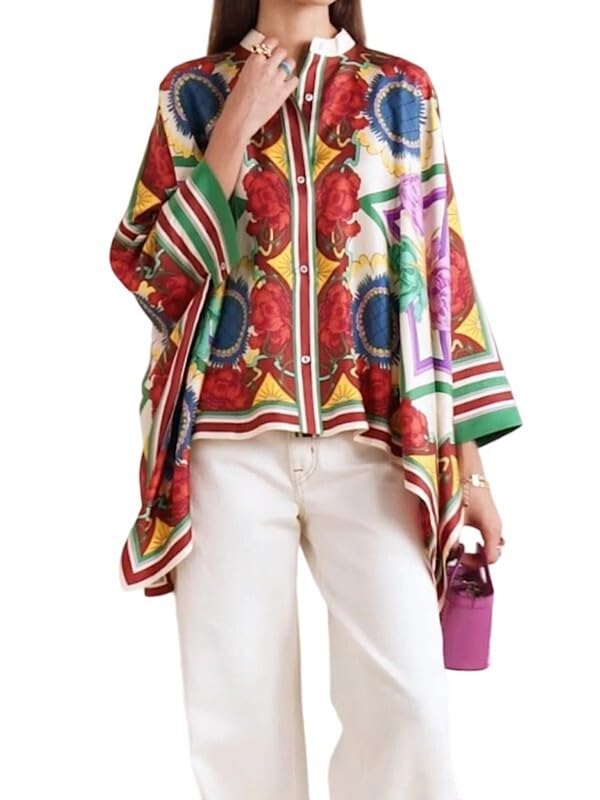 UOOZEE Women's Oversized Button Down Bohemian Shirt Floral Long Batwing Sleeves Stand Collar Flowy Asymmetrical Blouses Top