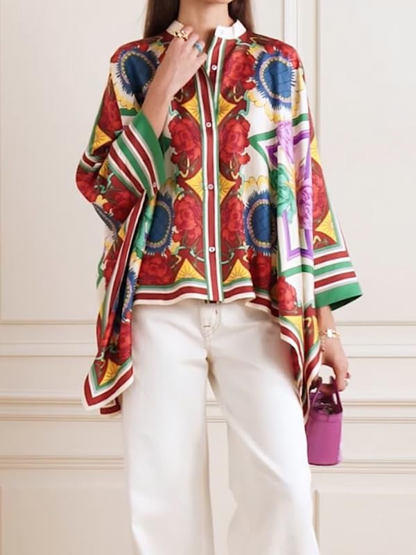 UOOZEE Women's Oversized Button Down Bohemian Shirt Floral Long Batwing Sleeves Stand Collar Flowy Asymmetrical Blouses Top - Image 2
