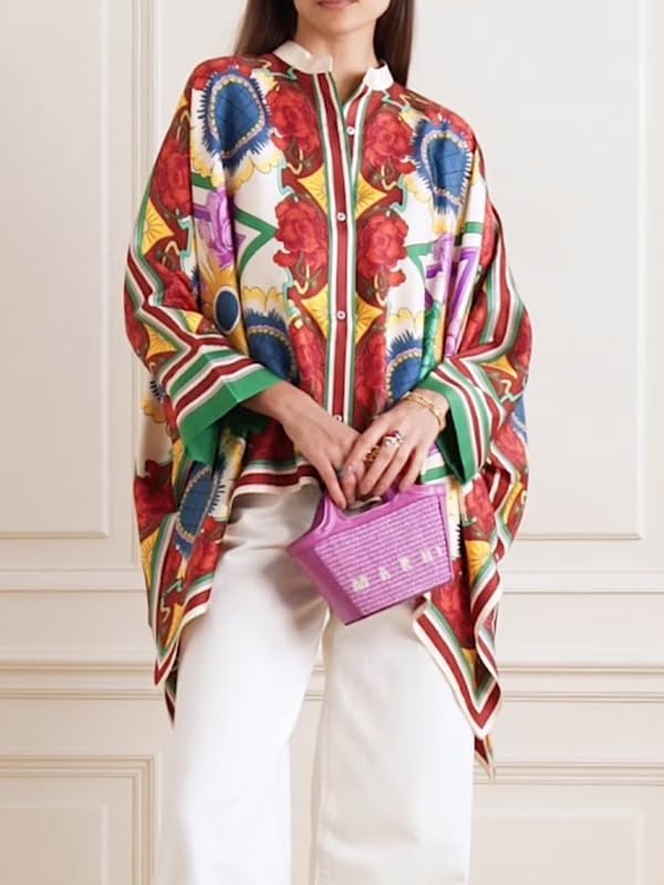 UOOZEE Women's Oversized Button Down Bohemian Shirt Floral Long Batwing Sleeves Stand Collar Flowy Asymmetrical Blouses Top - Image 3