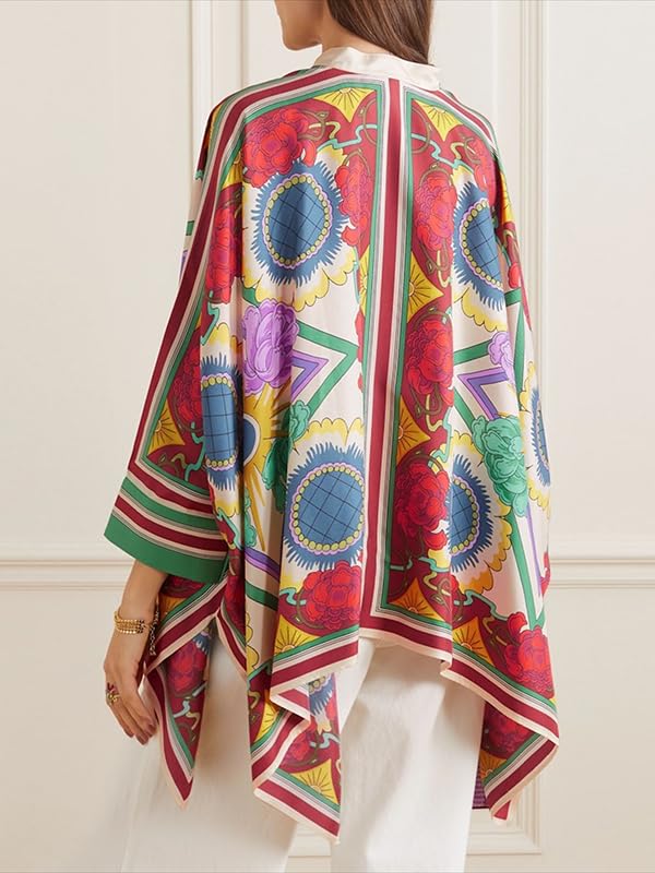 UOOZEE Women's Oversized Button Down Bohemian Shirt Floral Long Batwing Sleeves Stand Collar Flowy Asymmetrical Blouses Top - Image 4