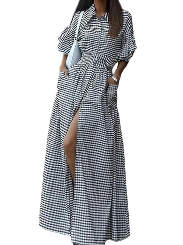 UOOZEE Women's Plaid Button Down Maxi Dress Puff Sleeve Collar V Neck Belted Dress Flowy A Line Vacation Long Sundress
