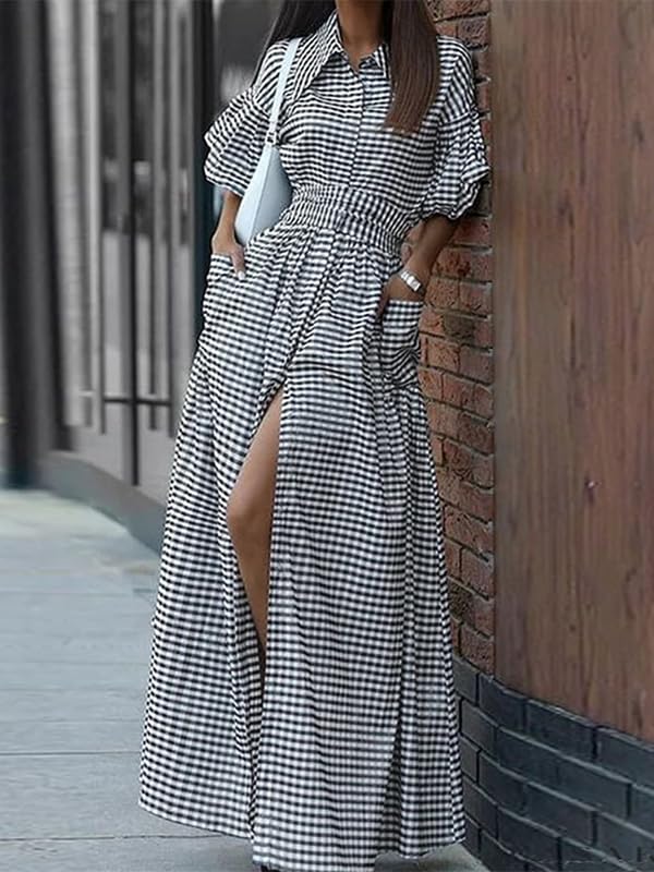 UOOZEE Women's Plaid Button Down Maxi Dress Puff Sleeve Collar V Neck Belted Dress Flowy A Line Vacation Long Sundress - Image 2
