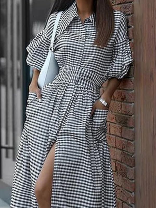 UOOZEE Women's Plaid Button Down Maxi Dress Puff Sleeve Collar V Neck Belted Dress Flowy A Line Vacation Long Sundress - Image 4