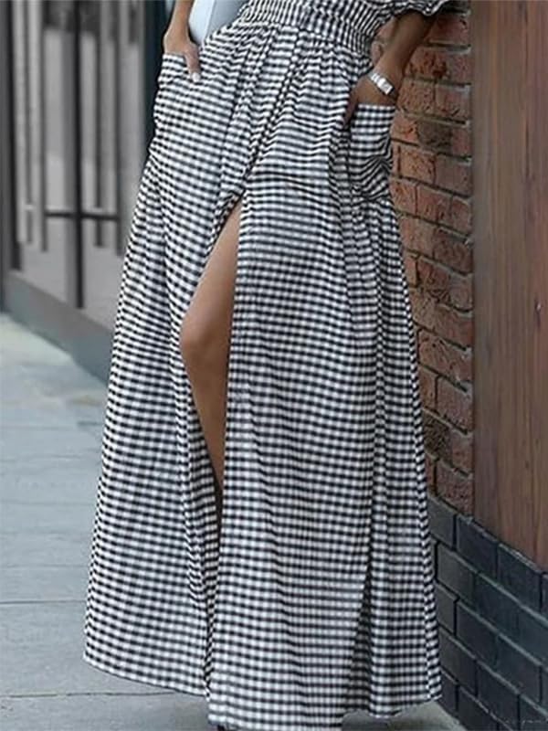 UOOZEE Women's Plaid Button Down Maxi Dress Puff Sleeve Collar V Neck Belted Dress Flowy A Line Vacation Long Sundress - Image 5