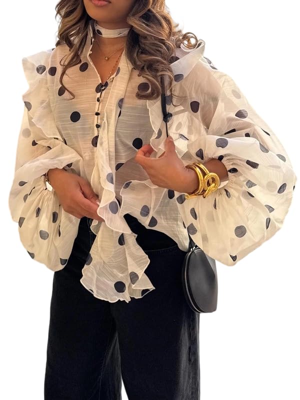 UOOZEE Women's Polka Dot See Through Blouse Long Puff Sleeve Ruffle Sheer Button Up Shirts Tops Beach Cover Ups