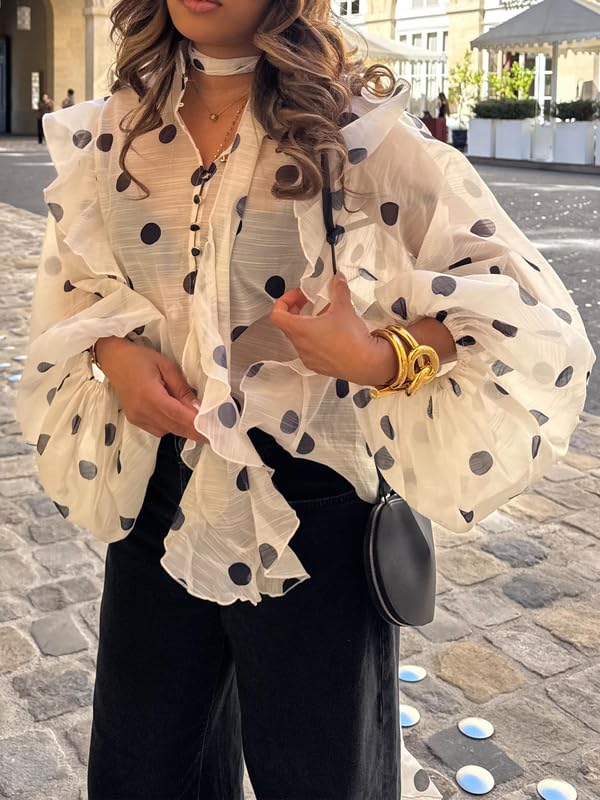 UOOZEE Women's Polka Dot See Through Blouse Long Puff Sleeve Ruffle Sheer Button Up Shirts Tops Beach Cover Ups - Image 2