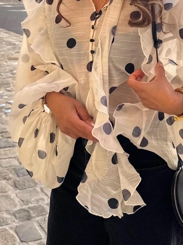 UOOZEE Women's Polka Dot See Through Blouse Long Puff Sleeve Ruffle Sheer Button Up Shirts Tops Beach Cover Ups - Image 3