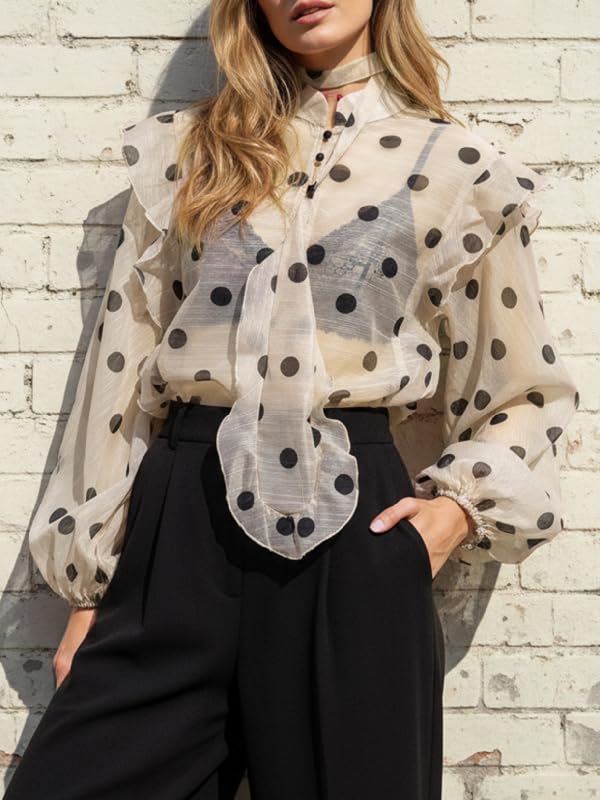 UOOZEE Women's Polka Dot See Through Blouse Long Puff Sleeve Ruffle Sheer Button Up Shirts Tops Beach Cover Ups - Image 5