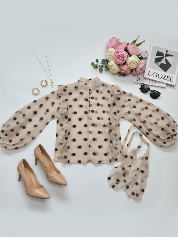 UOOZEE Women's Polka Dot See Through Blouse Long Puff Sleeve Ruffle Sheer Button Up Shirts Tops Beach Cover Ups - Image 7