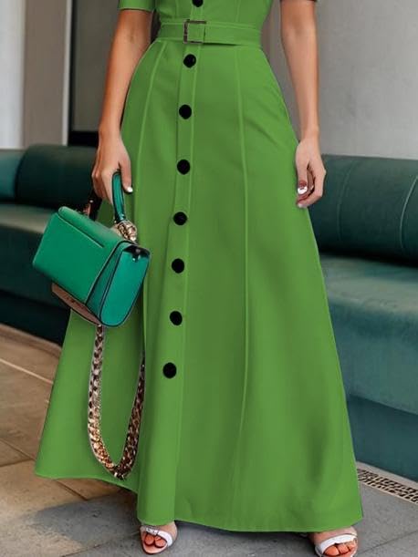 UOOZEE Women's Puff Sleeve Button Down Maxi Shirt Dress Belted Elegant Formal Casual Work Wedding Guest Dresses - Image 4