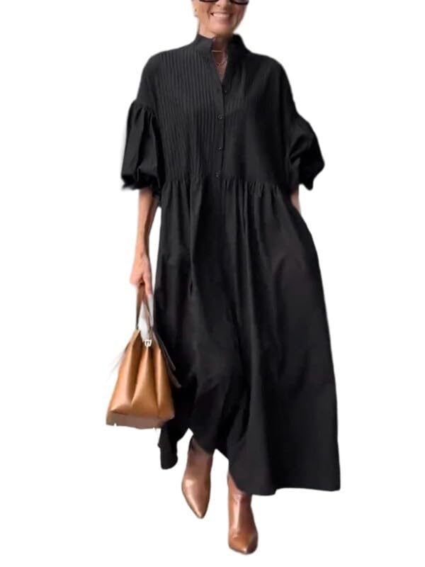 UOOZEE Women's Puff Sleeve Button Down Maxi Shirt Dresses Cotton Loose Fit Flowy Beach Vacation Party Casual Pleated Dress