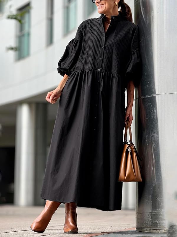 UOOZEE Women's Puff Sleeve Button Down Maxi Shirt Dresses Cotton Loose Fit Flowy Beach Vacation Party Casual Pleated Dress - Image 2