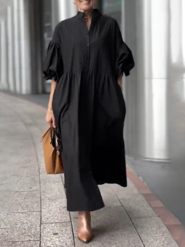 UOOZEE Women's Puff Sleeve Button Down Maxi Shirt Dresses Cotton Loose Fit Flowy Beach Vacation Party Casual Pleated Dress - Image 3