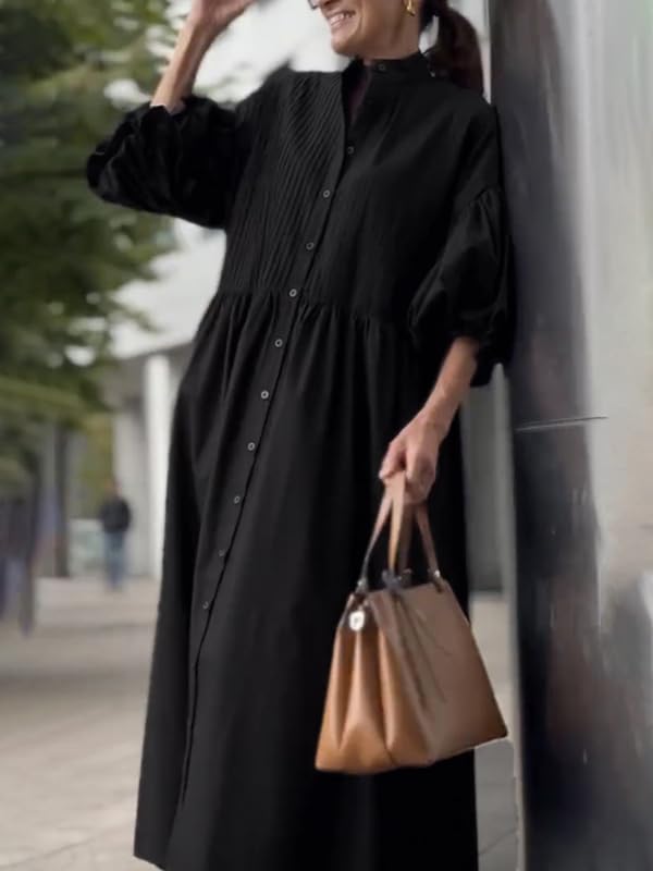 UOOZEE Women's Puff Sleeve Button Down Maxi Shirt Dresses Cotton Loose Fit Flowy Beach Vacation Party Casual Pleated Dress - Image 4