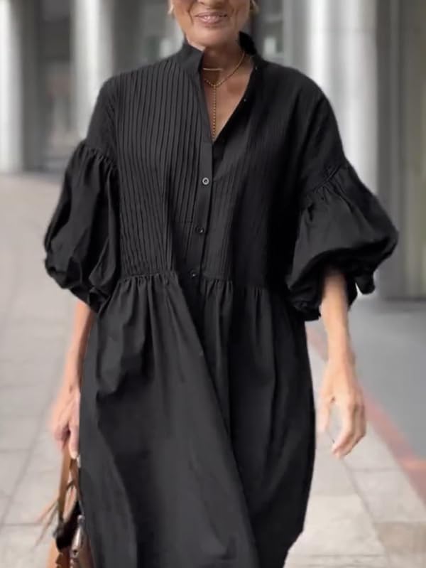 UOOZEE Women's Puff Sleeve Button Down Maxi Shirt Dresses Cotton Loose Fit Flowy Beach Vacation Party Casual Pleated Dress - Image 5
