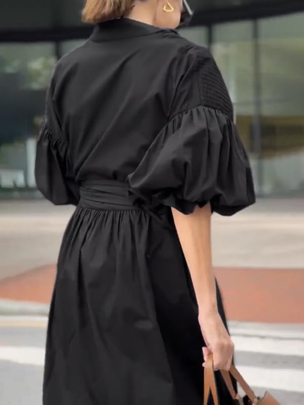 UOOZEE Women's Puff Sleeve Button Down Maxi Shirt Dresses Cotton Loose Fit Flowy Beach Vacation Party Casual Pleated Dress - Image 6