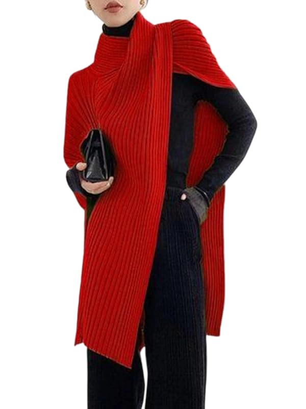 UOOZEE Women's Ribbed Knit Turtleneck Sweater Poncho Asymmetrical Festive Holiday Party Pullover Tops Soft Cape Shawl Fashion
