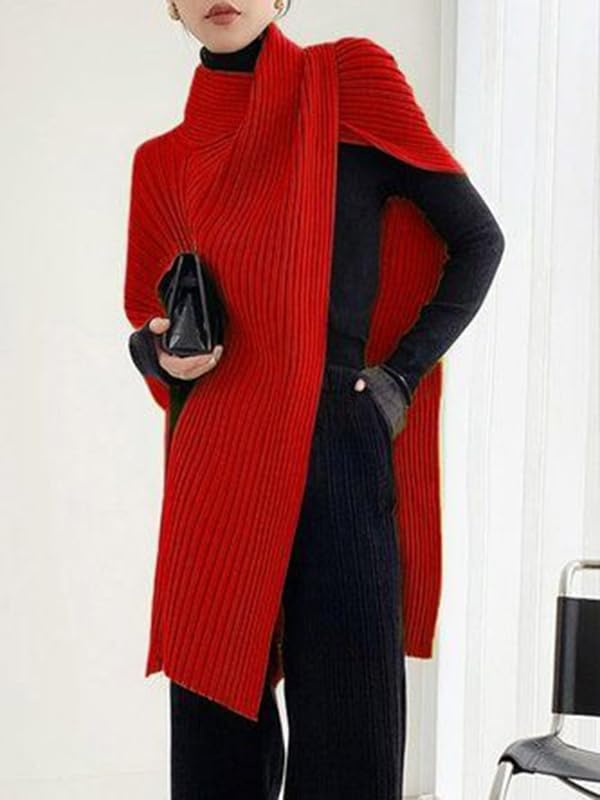 UOOZEE Women's Ribbed Knit Turtleneck Sweater Poncho Asymmetrical Festive Holiday Party Pullover Tops Soft Cape Shawl Fashion - Image 2