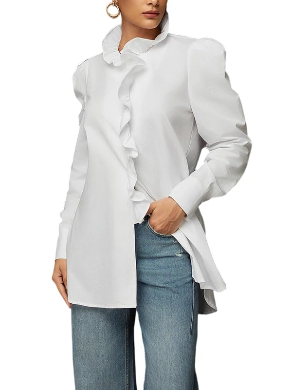 UOOZEE Women's Ruffle Long Sleeve Button Down Blouse Stand Collar Side Slit Loose Fit Casual Tunic Top Shirts