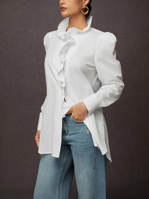 UOOZEE Women's Ruffle Long Sleeve Button Down Blouse Stand Collar Side Slit Loose Fit Casual Tunic Top Shirts - Image 2