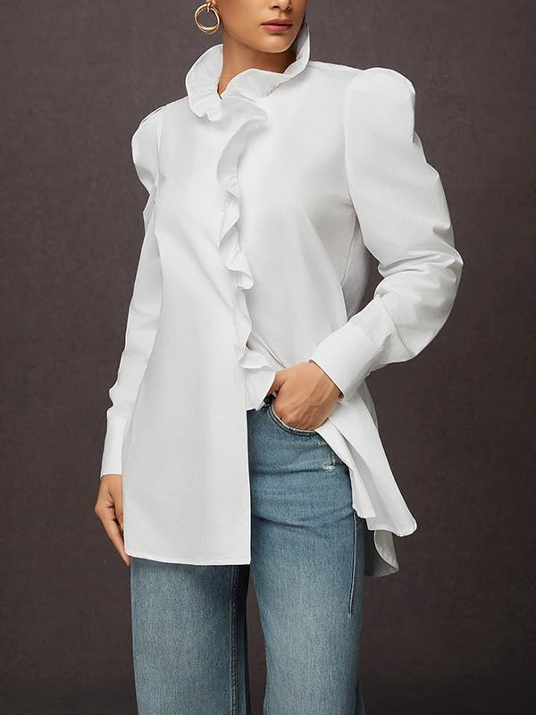 UOOZEE Women's Ruffle Long Sleeve Button Down Blouse Stand Collar Side Slit Loose Fit Casual Tunic Top Shirts - Image 3