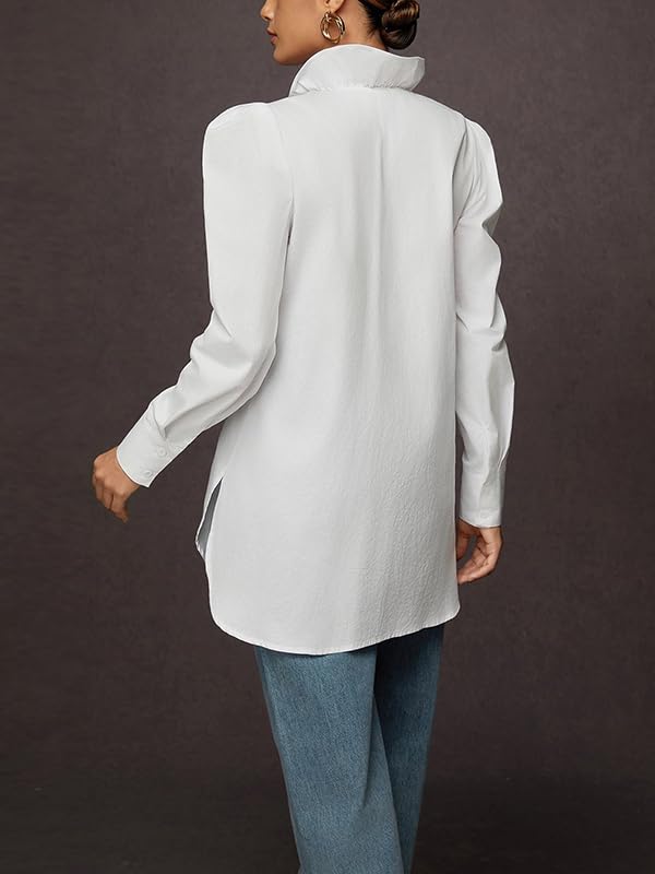 UOOZEE Women's Ruffle Long Sleeve Button Down Blouse Stand Collar Side Slit Loose Fit Casual Tunic Top Shirts - Image 4