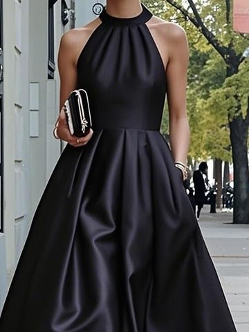 UOOZEE Women's Satin Halter Neck Dress Elegant Cocktail Party Gown A-Line High-Low High Waisted Pleated Dresses with Pockets - Image 3