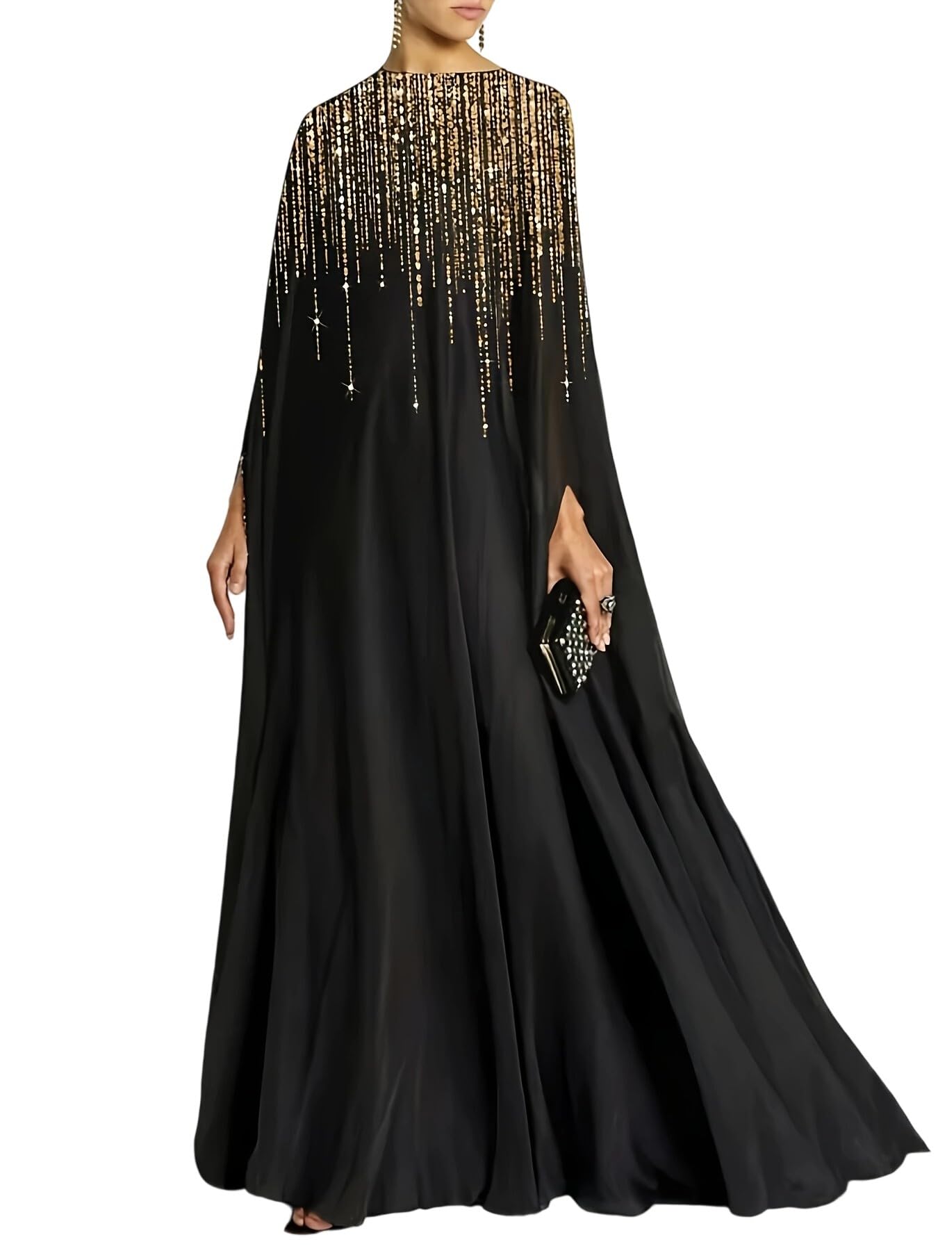 UOOZEE Women's Sequin Cape Sleeve Evening Dress Formal Gown Sparkling Cocktail Party Prom Formal Events Dresses