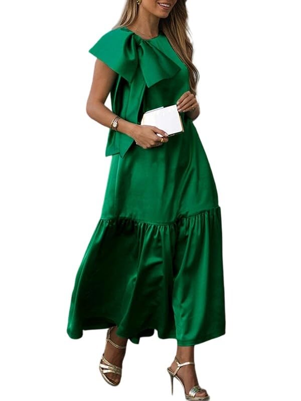 UOOZEE Women's Sleeveless Bowknot Maxi Tiered Dress Elegant Weddings Guest Evening Party Dress with Pockets