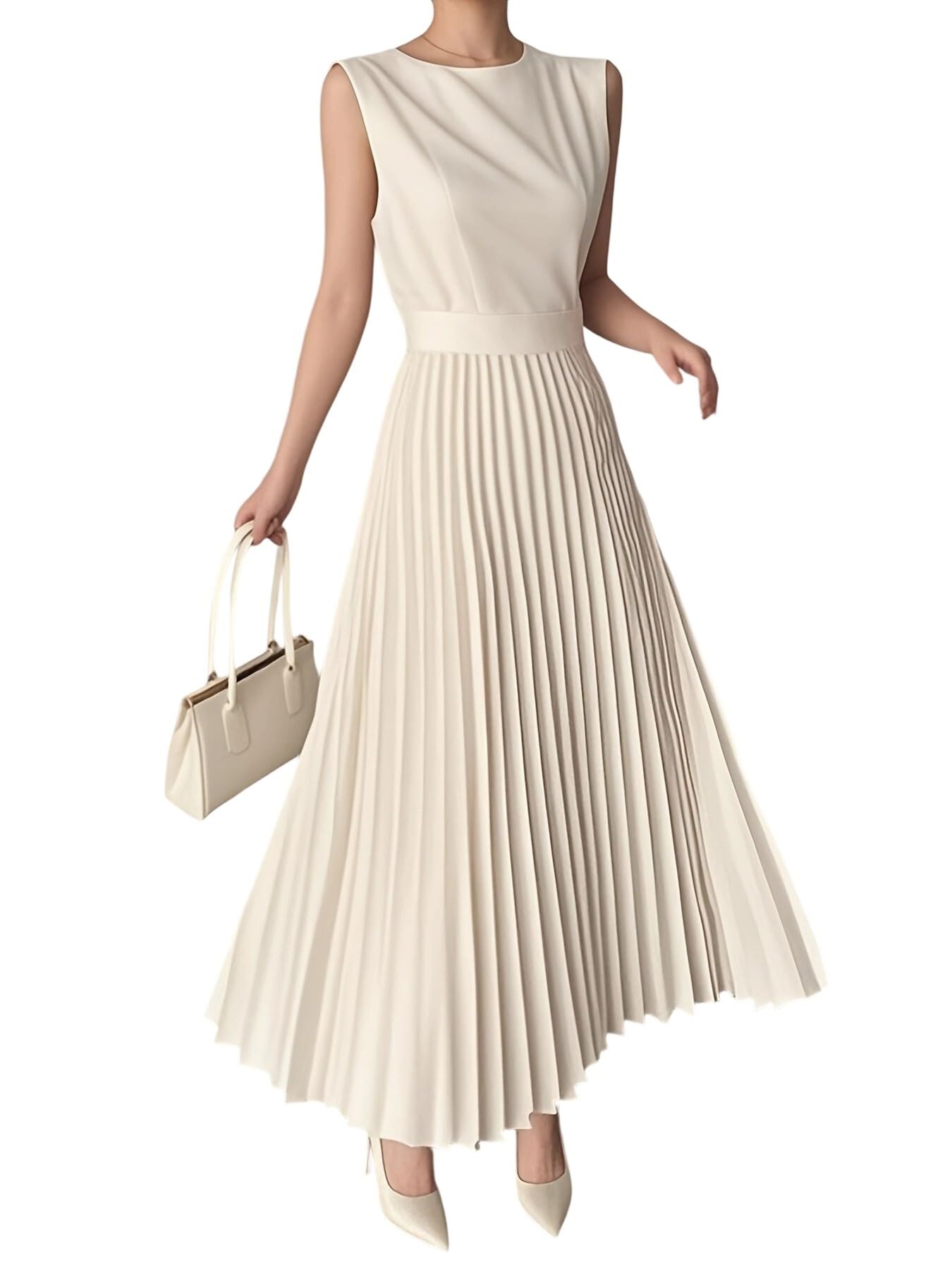 UOOZEE Women's Sleeveless Pleated Maxi Dress Flowy A-Line Formal Casual Elegant Office Work Dresses