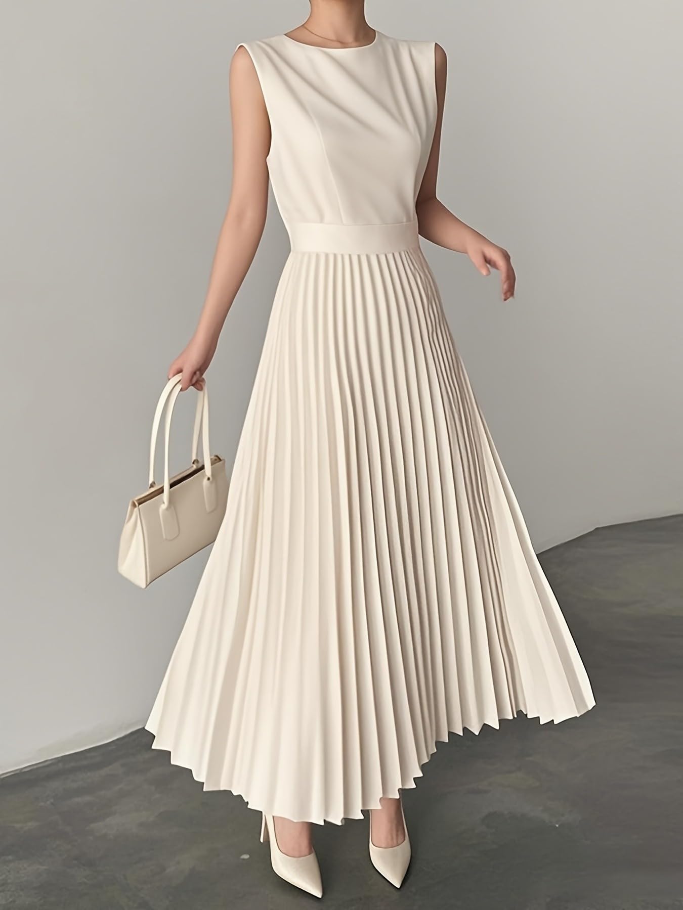 UOOZEE Women's Sleeveless Pleated Maxi Dress Flowy A-Line Formal Casual Elegant Office Work Dresses - Image 2