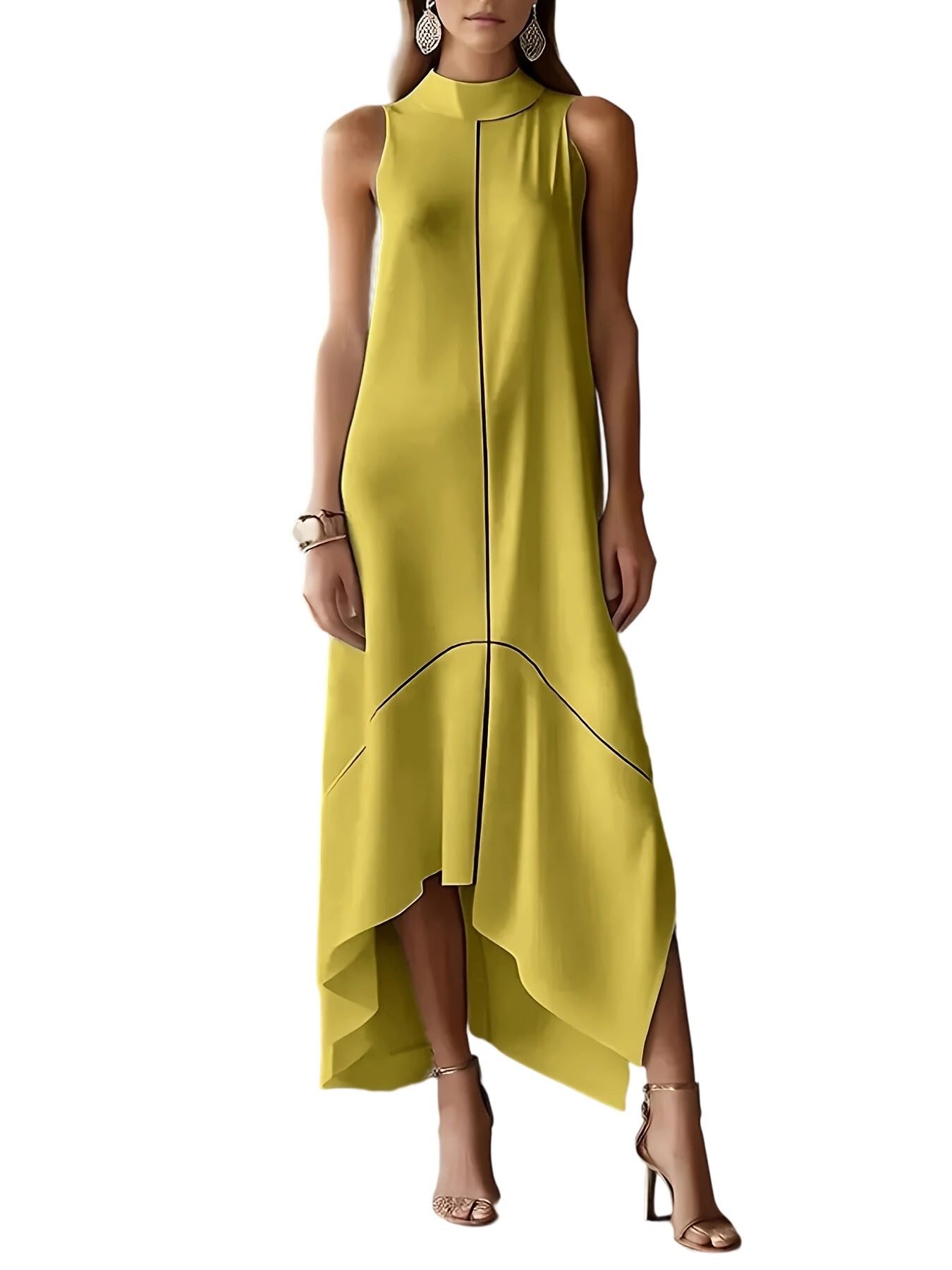 UOOZEE Women's Sleeveless Stand Collar Cocktail Dress Asymmetric High Low Hem Party Evening Formal Dresses with Pockets