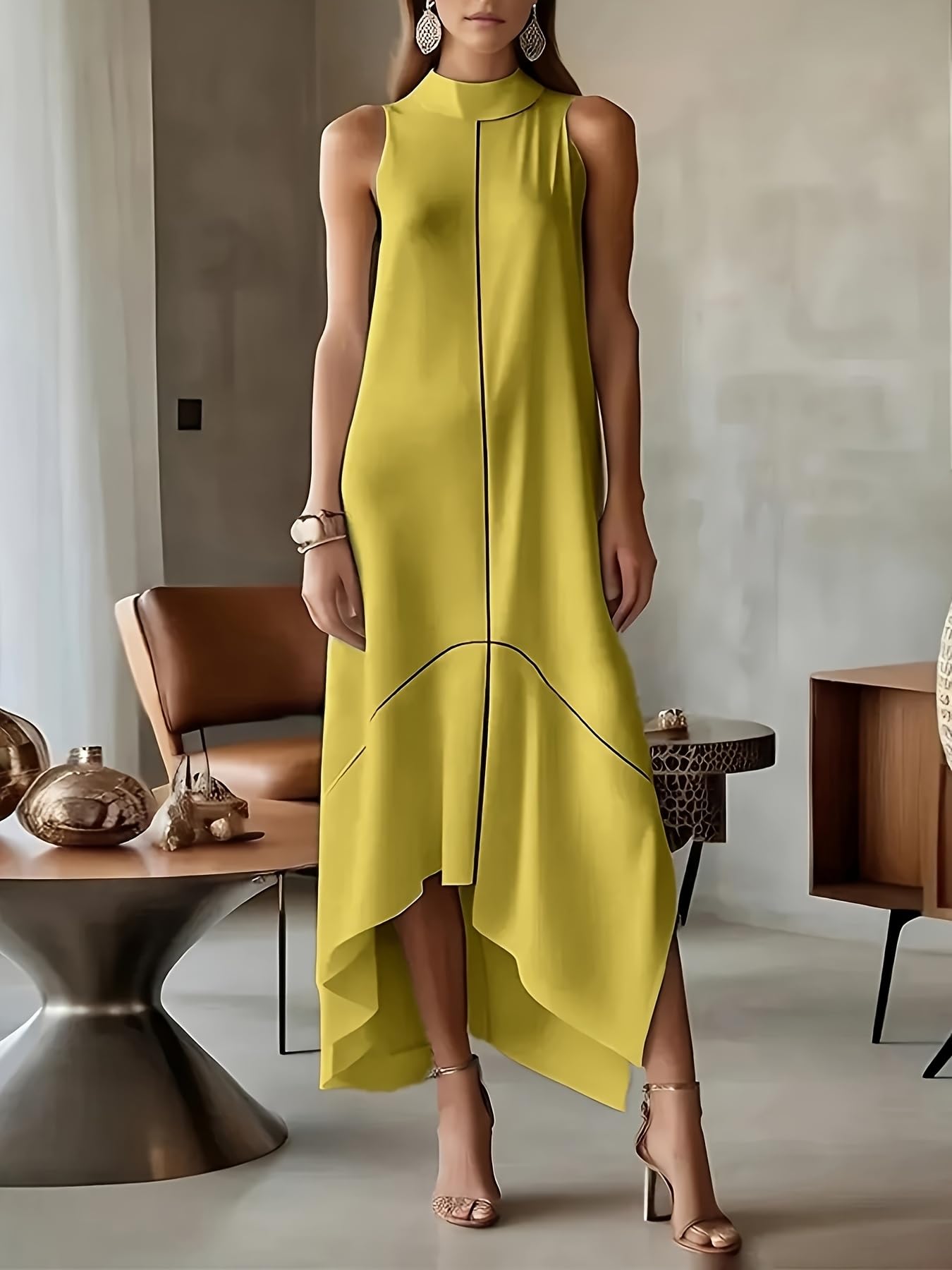 UOOZEE Women's Sleeveless Stand Collar Cocktail Dress Asymmetric High Low Hem Party Evening Formal Dresses with Pockets - Image 2