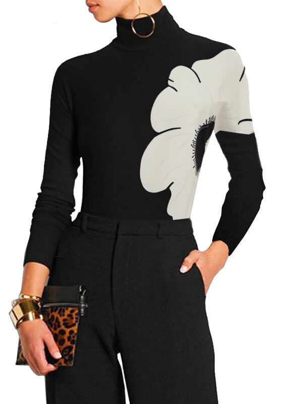 UOOZEE Women's Slim Fit Floral Long Sleeve Shirts High Neck Basic Layer Tees Soft Stretch Undershirts