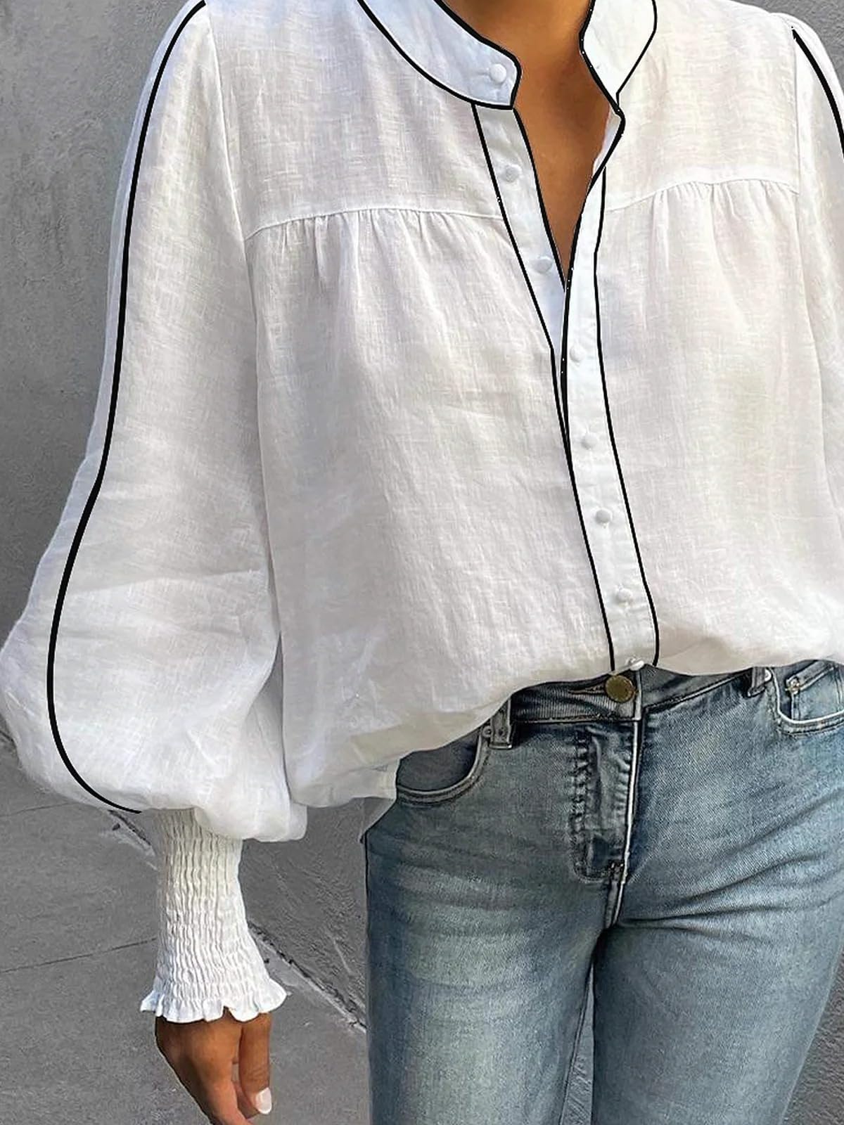 UOOZEE Women's Smocked Cuffed Long Puff Sleeve Loose Fit Dressy Casual Blouses Shirts Contrast Striped Button Down Top - Image 3