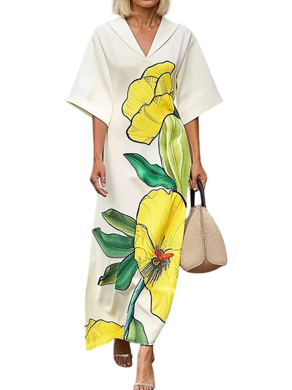UOOZEE Women's Summer V Neck Loose Floral Maxi Dress Batwing Sleeves Cute Beach Vacation A-Line Dress