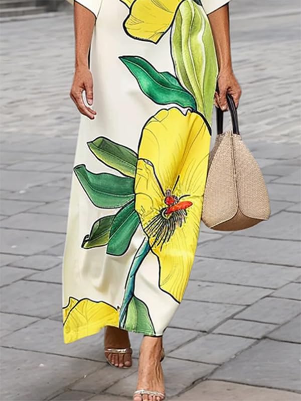 UOOZEE Women's Summer V Neck Loose Floral Maxi Dress Batwing Sleeves Cute Beach Vacation A-Line Dress - Image 4