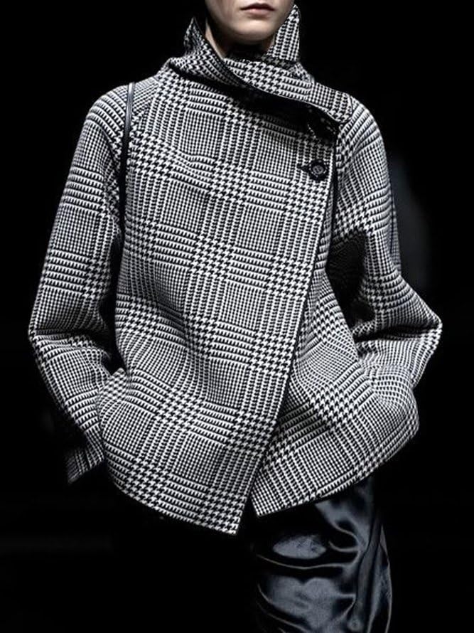 UOOZEE Women's Vintage Houndstooth Long Sleeve Blazer Work Suit Jackets Stand Collar Plaid Formal Office Work Coats - Image 2