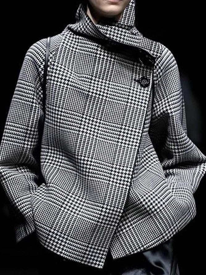 UOOZEE Women's Vintage Houndstooth Long Sleeve Blazer Work Suit Jackets Stand Collar Plaid Formal Office Work Coats - Image 3