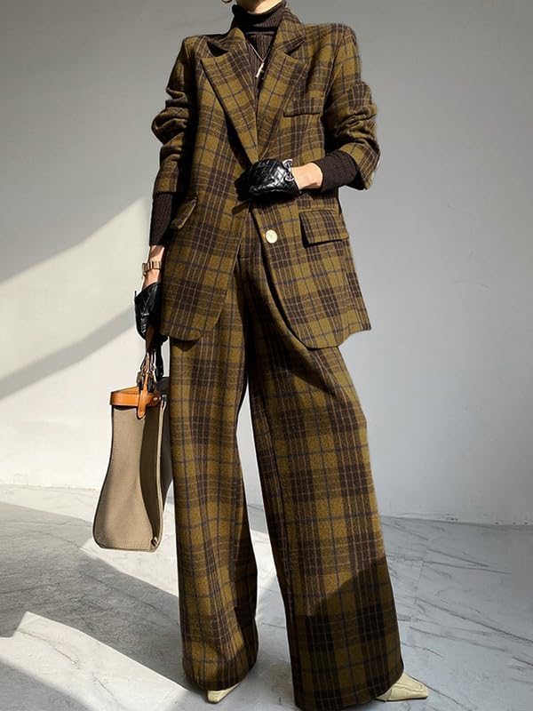 UOOZEE Women's Vintage Plaid Wool Blend Blazer Coat Oversized Long Sleeve Fall Winter Warm Casual Jacket Outerwear - Image 3