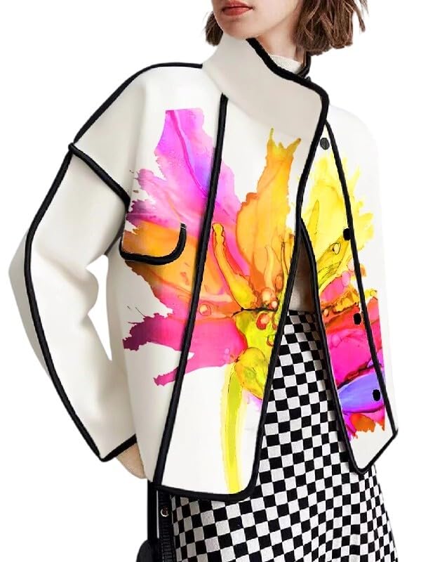 UOOZEE Women's Watercolor Floral Print Jacket Stand Collar Casual Loose Fit Fall Winter Coats Outerwear with Contrast Trim