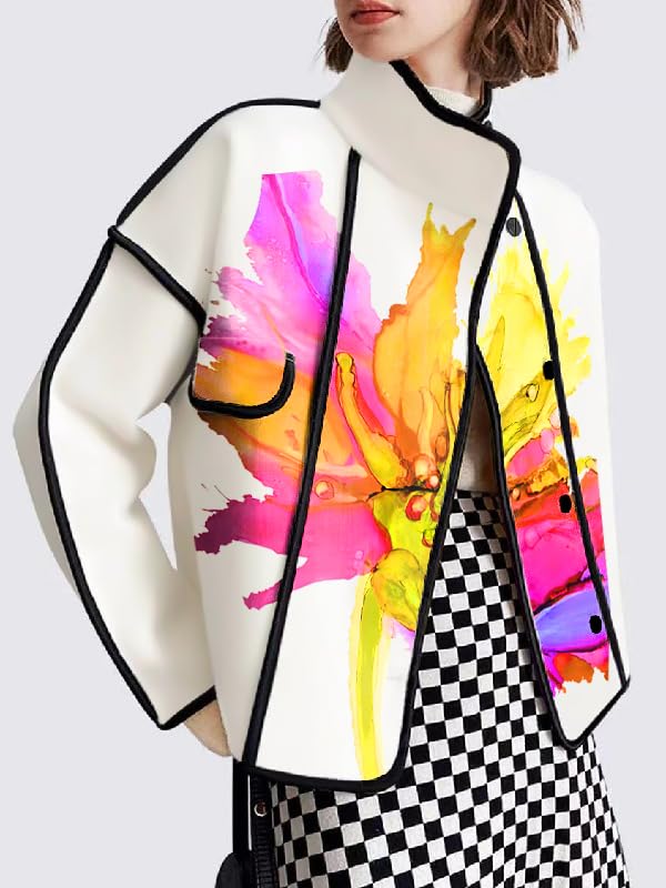 UOOZEE Women's Watercolor Floral Print Jacket Stand Collar Casual Loose Fit Fall Winter Coats Outerwear with Contrast Trim - Image 2